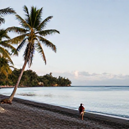Caribbean Holidays, Dominica Backpacking, Quiet black-sand beach on Dominica's west coast with palm trees, calm Caribbean water and a lone backpacker