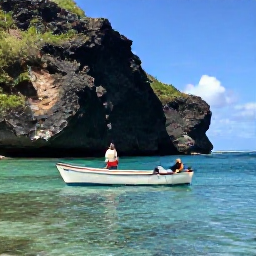 Caribbean Holidays, Dominica Backpacking, Small fishing boat and snorkeller exploring clear Caribbean water beside Dominica's rugged volcanic coastline