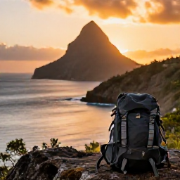 Caribbean Holidays, Dominica Backpacking, Sunset over Dominica's rugged Caribbean coastline with a backpack resting in the foreground