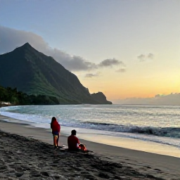 Caribbean Holidays, Dominica Beach Holidays, A couple enjoying a quiet sunset on a Dominica beach in July, with volcanic sand, gentle waves and green mountains in the distance
