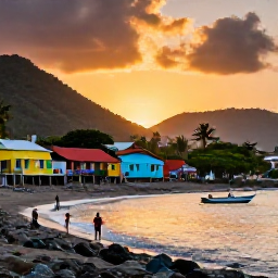 Caribbean Holidays, Dominica Beach Holidays, A friendly Dominica seaside village at sunset in July, with local people, colourful houses, fishing boats and Caribbean hills