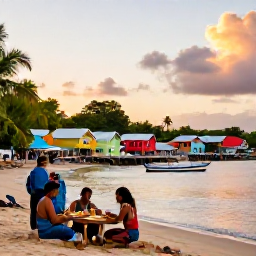 Caribbean Holidays, Dominica Beach Holidays, A friendly Dominica seaside village at sunset in May, with colourful houses, fishing boats and travellers enjoying a local meal near the waterfront
