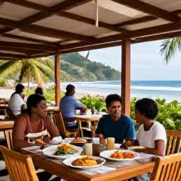 Caribbean Holidays, Dominica Beach Holidays, A friendly outdoor beach caf&eacute; on Dominica&rsquo;s coast serving fresh local food, with tropical vegetation and visitors enjoying an October afternoon