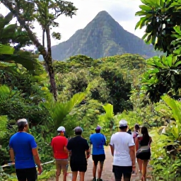 Caribbean Holidays, Dominica Beach Holidays, A guided rainforest walk in Dominica during April, showing visitors near a waterfall surrounded by dense tropical vegetation and dramatic mountains