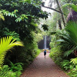 Caribbean Holidays, Dominica Beach Holidays, A lush Dominica rainforest trail in July with a small waterfall, tropical plants and hikers walking beneath misty green trees