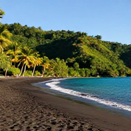 Caribbean Holidays, Dominica Beach Holidays, A quiet black-sand beach on Dominica in April, with turquoise water, green rainforest-covered hills and a few palm trees under warm sunshine