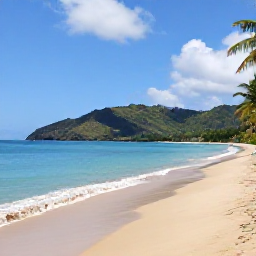 Caribbean Holidays, Dominica Beach Holidays, A quiet black-sand beach on Dominica with turquoise Caribbean water, green hills and a few palm trees in warm July sunshine