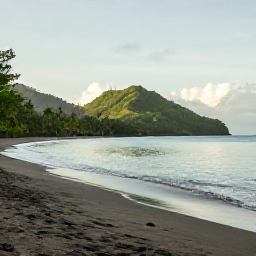 Caribbean Holidays, Dominica Beach Holidays, A quiet black-sand beach on Dominica&rsquo;s Caribbean coast in October, with calm turquoise water, green hills and soft tropical light