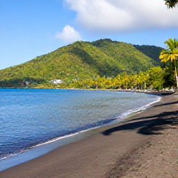 Caribbean Holidays, Dominica Beach Holidays, A quiet black-sand beach on Dominica's Caribbean coast, with lush green hills, calm blue water and a few palm trees