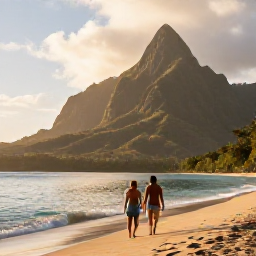 Caribbean Holidays, Dominica Beach Holidays, A relaxed couple walking along Dominica's volcanic beach at sunset, with rainforest-covered mountains and calm Caribbean sea
