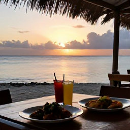 Caribbean Holidays, Dominica Beach Holidays, A relaxed seaside restaurant in Dominica at sunset in April, with Caribbean food, local drinks and views across the calm sea