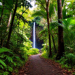 Caribbean Holidays, Dominica Beach Holidays, A tropical Dominica landscape in May, showing a rainforest trail, a clear waterfall and sunlight filtering through dense green foliage