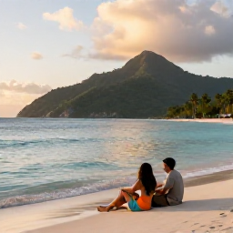 Caribbean Holidays, Dominica Beach Holidays, Couple relaxing beside the Caribbean Sea in Dominica at sunset, with tropical hills and a small beach in the distance
