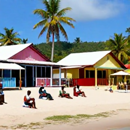 Caribbean Holidays, Dominica Beach Holidays, Friendly Dominican village scene in December with local food, colourful buildings, music and visitors enjoying Caribbean culture
