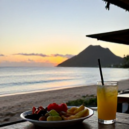 Caribbean Holidays, Dominica Beach Holidays, Friendly local beach bar in Dominica at sunset, serving Caribbean food and drinks beside a peaceful volcanic beach