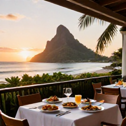 Caribbean Holidays, Dominica Beach Holidays, Friendly outdoor restaurant in Dominica at sunset, local Caribbean dishes, relaxed tables and tropical hillside scenery
