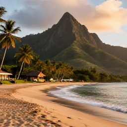 Caribbean Holidays, Dominica Beach Holidays, Peaceful Dominican coastal view in August, comfortable guesthouse near a palm-fringed beach, green mountains and warm evening light