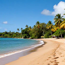 Caribbean Holidays, Dominica Beach Holidays, Quiet Batibou Beach in Dominica with golden sand, calm blue water, palm trees and dense tropical vegetation