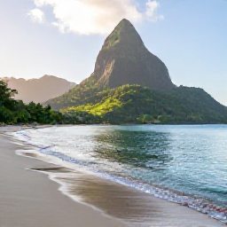 Caribbean Holidays, Dominica Beach Holidays, Quiet tropical beach on Dominica in August, clear Caribbean water, lush green hills and soft morning light