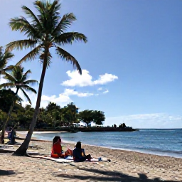Caribbean Holidays, Dominica Beach Holidays, Relaxed beach scene at Mero Beach, Dominica, with palm trees, volcanic sand, calm sea and visitors enjoying August sunshine