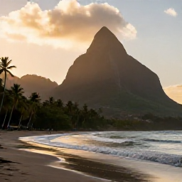 Caribbean Holidays, Dominica Beach Holidays, Sunset over a quiet volcanic beach in Dominica, with gentle waves, silhouettes of palm trees and dramatic green mountains in the background