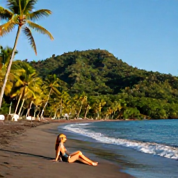 Caribbean Holidays, Dominica Beach Holidays, Traveller relaxing on a peaceful black-sand beach in Dominica, September sunshine, palm trees and forested hills