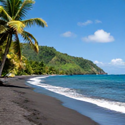 Caribbean Holidays, Dominica Beach Holidays, Traveller relaxing on a quiet black volcanic sand beach in Dominica, palm trees, clear Caribbean sea and green hills