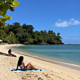 Caribbean Holidays, Dominica Beach Holidays, Travellers relaxing on a peaceful Dominica beach in July, with volcanic sand, calm blue water and lush tropical vegetation