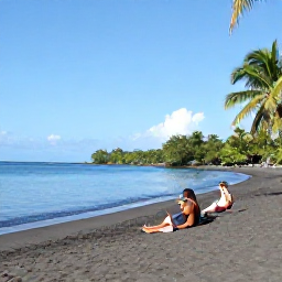 Caribbean Holidays, Dominica Beach Holidays, Visitors relaxing on Mero Beach in Dominica, with black volcanic sand, calm sea, palm trees and a relaxed local atmosphere