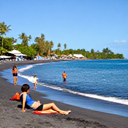 Caribbean Holidays, Dominica Beach Holidays, Visitors swimming and relaxing at Mero Beach in Dominica, with dark volcanic sand, turquoise sea and a relaxed local atmosphere