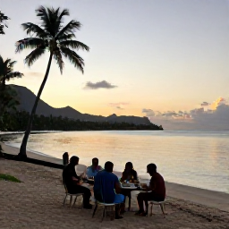 Caribbean Holidays, Dominica Beaches, A relaxed sunset scene on a Dominica beach, with visitors enjoying a local meal near the water and mountains fading into the distance