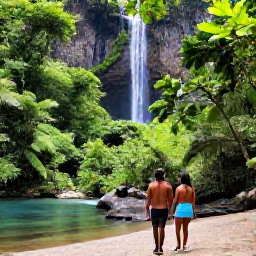 Caribbean Holidays, Dominica Beaches February, Couple walking through lush Dominica rainforest near a waterfall after a beach morning, with tropical foliage and a clear mountain stream