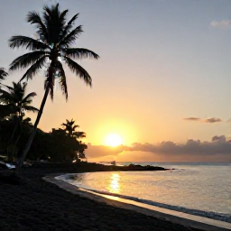 Caribbean Holidays, Dominica Beaches February, Golden sunset over a quiet Dominica beach in February, with palm silhouettes, volcanic sand and calm Caribbean sea