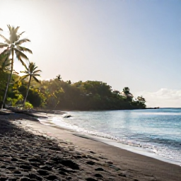 Caribbean Holidays, Dominica Beaches February, Quiet Caribbean beach on Dominica in February, with calm turquoise water, dark volcanic sand, palm trees and bright morning sunshine