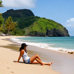 Caribbean Holidays, Dominica Beaches February, Traveller relaxing on a secluded Dominica beach in February, with volcanic sand, lush green hills and gentle Caribbean waves