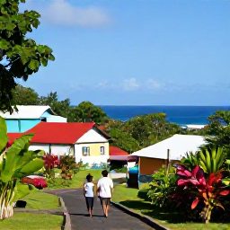 Caribbean Holidays, Dominica Beaches November, Couple walking through a lush coastal village in Dominica in November, colourful houses, tropical plants and distant sea views
