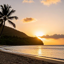 Caribbean Holidays, Dominica Beaches November, Golden sunset over Dominica's quiet volcanic beach in November, calm sea, silhouetted palms and green hills