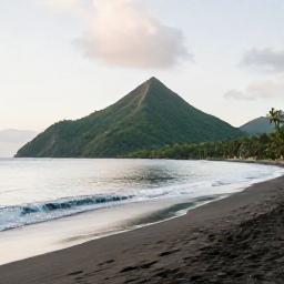 Caribbean Holidays, Dominica Beaches November, Quiet black-sand beach on Dominica's coast in November, with calm Caribbean water, green volcanic hills and soft morning light