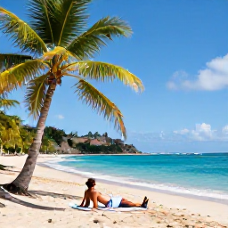 Caribbean Holidays, Dominica Beaches November, Traveller relaxing on a quiet Dominica beach in November, palm trees, volcanic sand and turquoise Caribbean sea