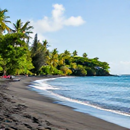 Caribbean Holidays, Dominica Beaches, Visitors relaxing on a peaceful Dominica beach with volcanic sand, calm Caribbean water and lush tropical vegetation
