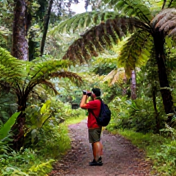 Caribbean Holidays, Dominica Birdwatching, A birdwatcher with binoculars on a quiet rainforest trail in Dominica, surrounded by ferns and tall trees
