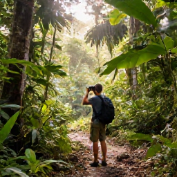 Caribbean Holidays, Dominica Birdwatching, A birdwatcher with binoculars on a rainforest trail in Dominica, surrounded by lush foliage and filtered morning sunlight