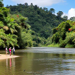 Caribbean Holidays, Dominica Birdwatching, A calm Dominica river valley with a forested hillside, a small group of birdwatchers and a colourful hummingbird near tropical flowers