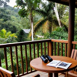 Caribbean Holidays, Dominica Birdwatching, A comfortable eco-lodge balcony overlooking Dominica&rsquo;s rainforest, with binoculars and a field guide on a table
