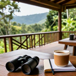 Caribbean Holidays, Dominica Birdwatching, A comfortable eco-lodge veranda overlooking Dominica's rainforest, with binoculars, a notebook and a warm drink in the foreground