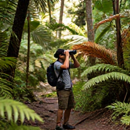 Caribbean Holidays, Dominica Birdwatching, A friendly birdwatcher with binoculars on a rainforest trail in Dominica, surrounded by ferns, towering trees and filtered sunlight