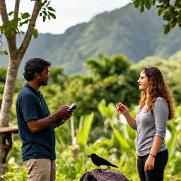 Caribbean Holidays, Dominica Birdwatching, A friendly local birdwatching guide showing visitors a bird in a forest clearing in Dominica, tropical mountains in the background