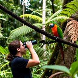 Caribbean Holidays, Dominica Birdwatching, A guided birdwatching walk through Dominica's lush rainforest, with binoculars, ferns, towering trees and a colourful Sisserou parrot perched on a branch