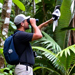 Caribbean Holidays, Dominica Birdwatching, A knowledgeable local bird guide pointing towards a bird in Dominica's dense rainforest, with binoculars and tropical foliage visible