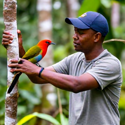 Caribbean Holidays, Dominica Birdwatching, A knowledgeable local birdwatching guide showing visitors a colourful bird in a rainforest clearing in Dominica
